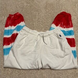 Polo by Ralph Lauren Women’s White Sweatpants with Red and Blue Tie-Dye
